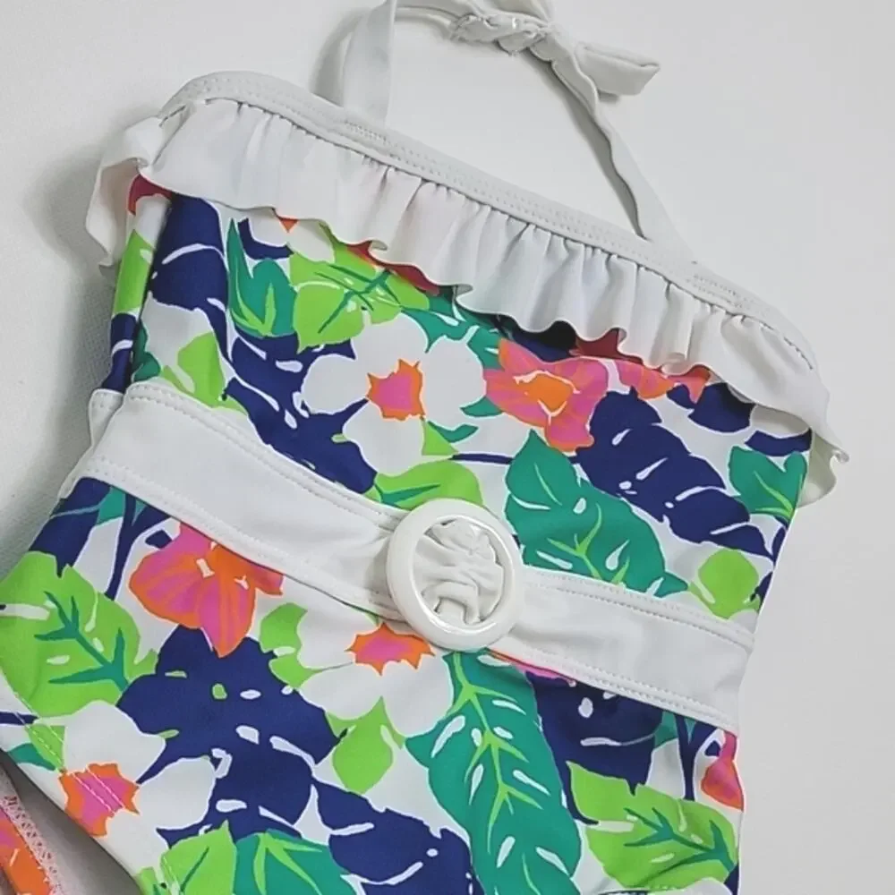 Janie and‎ Jack Tropical Print Ruffled One Piece Swimsuit Green Pink 6-12 Months